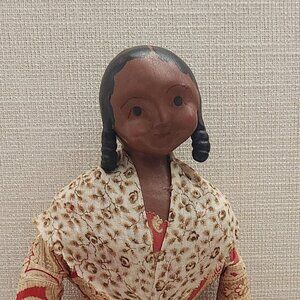 Nicol Sayre Handcrafted Folk Art Doll w/red & brown dress